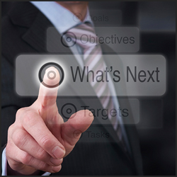 Photo graphic with businessman selecting 'what's Next' button in second person point of view
