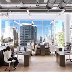 Highrise office enviornment with view looking through to cityscape